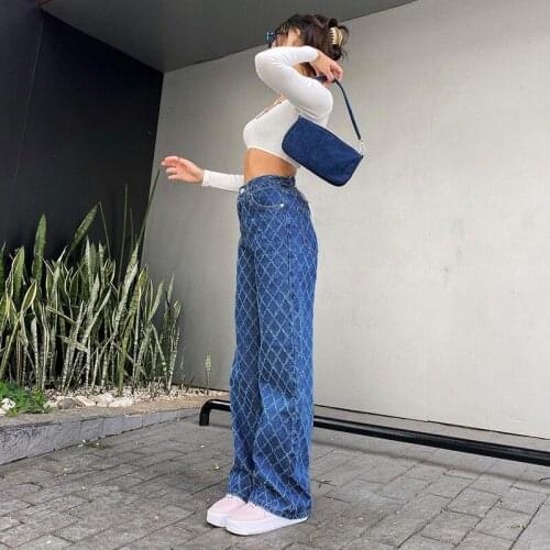 Plaid Straight Woman Jeans 2021 New Fashion Loose Leg Denim High Waist Jeans Casual Solid Pockets Streetswear Zipper Baggy Pants
