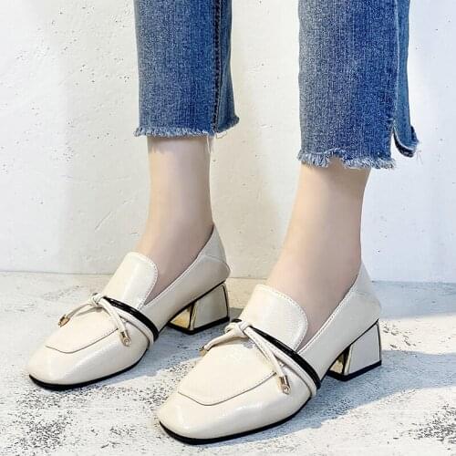 Elegant Ladies High Heels Bowknot Loafers Fashion Slim Ladies Shoes Comfortable PU Slip-on Mid-heel Ladies Shoes
