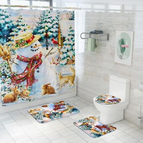 Flannel Bath Mat Christmas Printed Bathroom Carpet with Shower Curtain Toilet Rugs Bathroom Toilet Seat Cover Rug WC Carpets