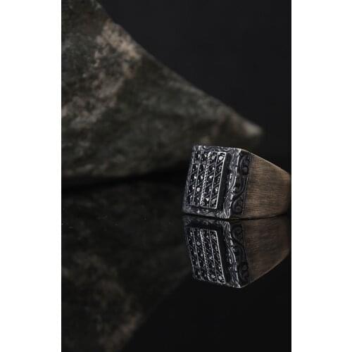 Black Zircon 925 Silver Engraved Traditional Handmade Turkish Signet Ring Jewelry Gift for Women Men