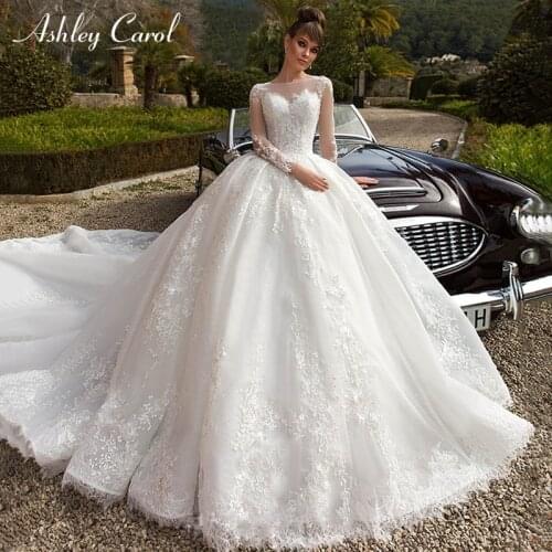Ashley Carol Lace Ball Gown Wedding Dresses 2020 Long Sleeves Princess O-Neck Appliques Lace Up Button Luxury Royal Bridal Gowns