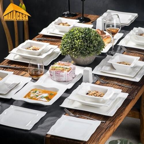 MALACASA Series Mario 28-Piece Porcelain Dinnerware with 6*Bowl Dessert Soup Dinner Plate 2*Salt Shaker Set 2 Rectangular Plate