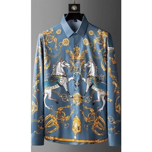 2021 Luxury Crown Rhinestone Men Shirt Autumn Long Sleeve Slim Casual Shirt Streetwear Social Party Business Formal Dress Shirts