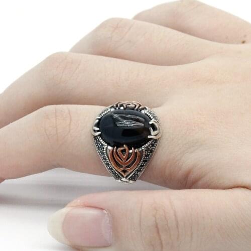 Vintage Turkish Agate 925 Sterling Silver Men Ring with Original Oval Natural Stone & CZ Rings for Male Peaceful Lucky Jewelry