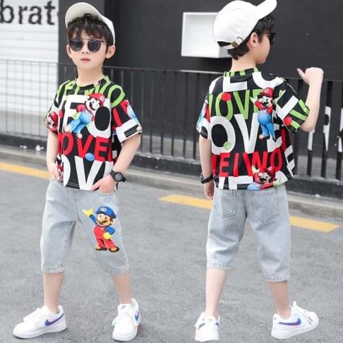 2021 New Childrens Summer Full-print Short-Sleeved Short-Sleeved Shorts Suit Big Childrens Casual Wear Two-Piece Set