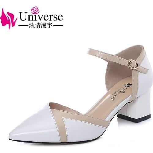 Universe K051 New Trend Gorgeous High Chunky Heels Ankle Buckle Pointy Toe Patchwork Womens Dress Shoes Two Pieses Sandals