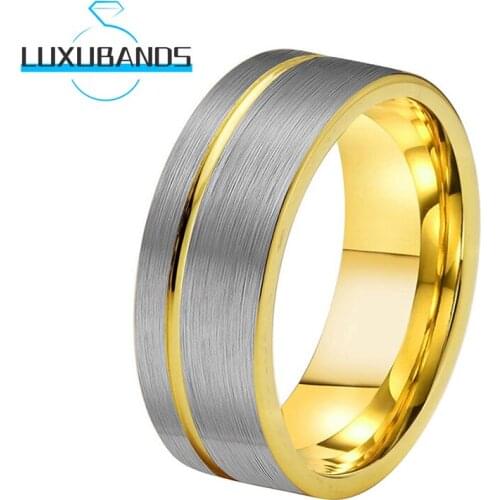 8MM Gold Men Wemens Tungsten Wedding Rings Offset Lines Pipe Cut Engagement Bands Brushed Finished Comfort Fit