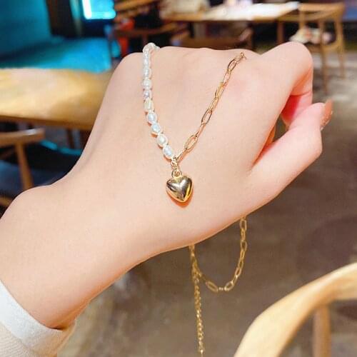 Gold Color Minimalist Pearl Heart Choker Necklace Women Girls Korean 2021 New Fashion Titanium Steel Pendants Necklaces