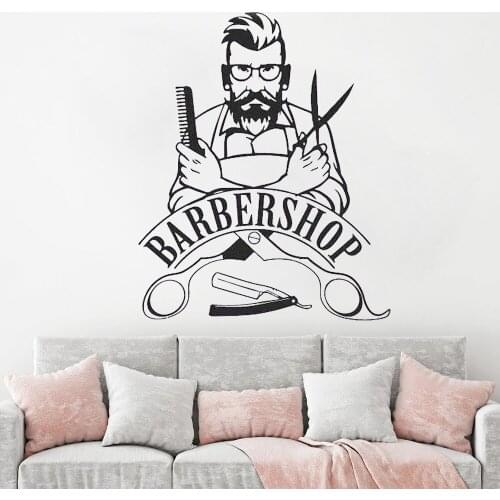 Barbershop Logo Wall Sticker Man Barber Shop Decal Hair Cut Tools Vinyl Stylist Hairdresser Man Face Salon Window Decal HY364