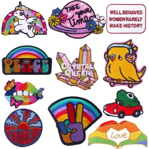 Rainbow/ Crystal Patch Cartoon Bird Stripe Patches For Clothing Iron On Patch For Clothes Cute Frog Patches For T-shirt Jacket