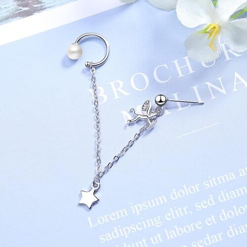 925 Sterling Silver 1PC Angel Star Pearl Ear Cuff Earrings Personality Long Tassel Jewelry For Women Party S-E1046