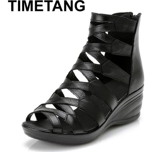 TIMETANG 2018 summer Fashion sandals genuine leather soft outsole comfortable open toe wedges mother shoes flat sandals