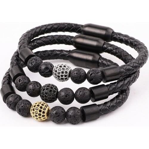 High Quality 316L Stainless Steel Clasp CZ Pave Ball Genuine Leather Bracelet Men Jewelry Gift