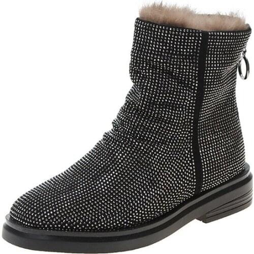 Women boots Rhinestone full drill hair shoes plus velvet snow boots short boots Martin boots motorcycle boots