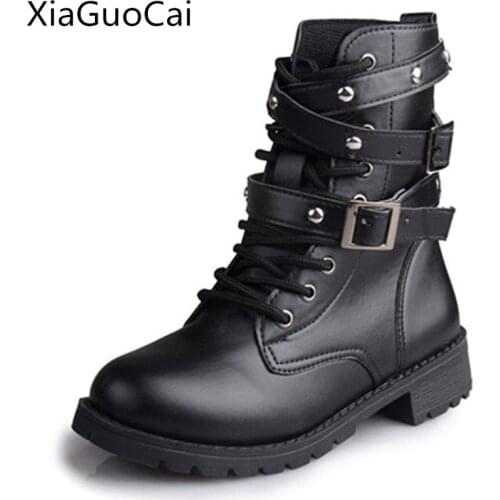 Women Motorcycle Boots Fashion Buckle Martin Boots PU/leather Women Combat Military Boots Lace Up Mid-Calf Boots X710