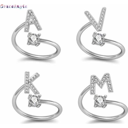 GraceAngie Adjustable A-Z English Letters Rings For Women Rhinestone Jewelry Plated Open Engagement Rings Valentine Girl Gifts