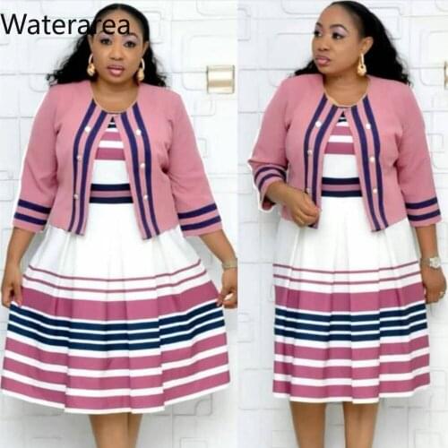 2019 Summer Plus Size Women Twice Piece Set Short Coat With Knee Length Dress Striped Print Two Piece Set Casual Suit XL6028