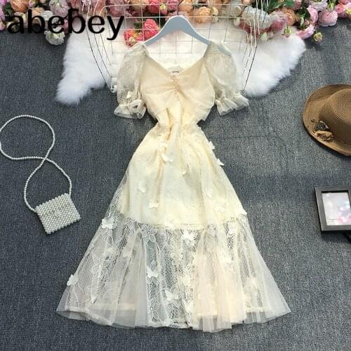 2021 New Summer Sweet square collar puff sleeve Dress three dimensional bow Beaded decoration hollow out lace A-line Dress