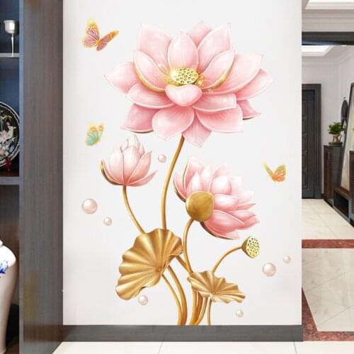 3D Lotus Flowers Wall Stickers Teenager Living Room Bedroom Bathroom Decoration Self-adhesive Art Wallpaper 2021 New Year Decor