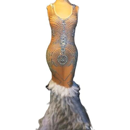Shining Crystals White Feather Long Tailing Dress Mesh Perspective Women Stage Wear Celebrity Party Diamonds Dresses