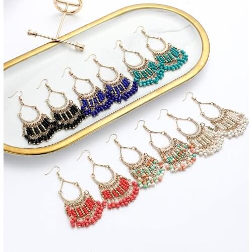 Bohemia Jewelry Accessories Elegant Lady Seed Beaded Tassel Ethnic Long Hanging Resin Beads Earrings Boho 2021 for Women New
