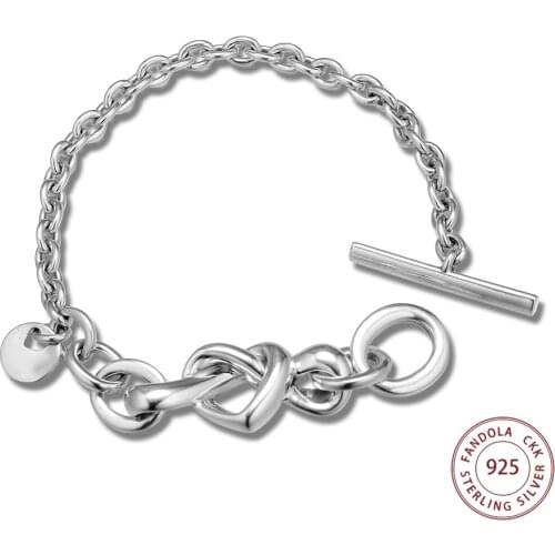 Genuine 925 Sterling Silver Knotted Heart Bangle Bracelets for Women Girls Fashion Jewelry Chain Bracelet Femme argent 925