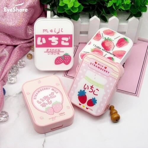 Strawberry Lens Case with Stick Mirror Set Contact Lens Partner Container Storage Holder