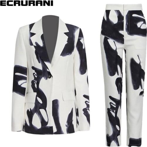 ECRURANI Temperament Colorblock Pants Suit For Women Notched Long Sleeve Tops High Waist Pencil Trouser Female Casual Sets