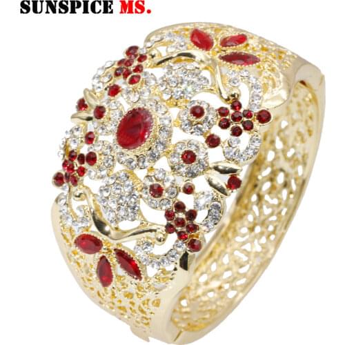 SUNSPICE-MS Morocco Wedding Rhnistones Bangle For Women Gold Color DUbai Ladies Flower Cuff Jewelry Ethnic Bracelet 2019
