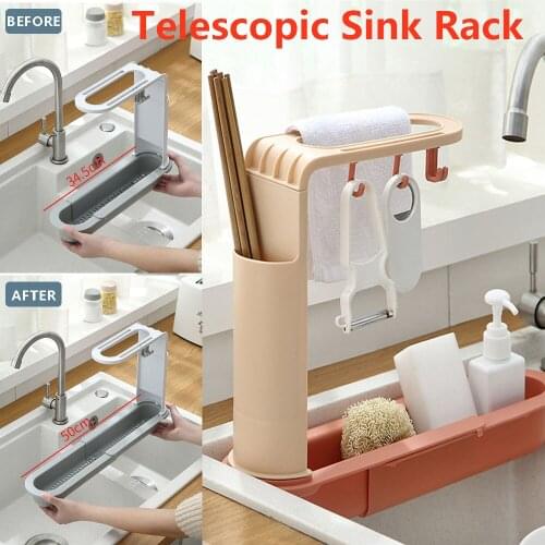 Space Saving Telescopic Sink Shelf Soap Sponge Drain Rack Basket Bag Faucet Holder Adjustable Holder Sink Kitchen Storage Shelf