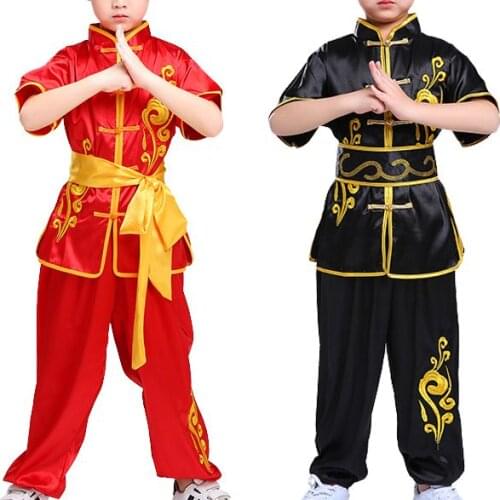 UNISEX kids&Adult Short-sleeved embroidered martial arts kung fu clothing tai chi taiji uniforms wushu suits red/black