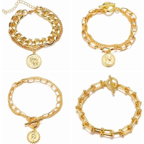 KISS WIFE Punk Gold Multilayer Chain Bracelet Retro Vintage Silver Color Cross Coin Pendant Chain Bracelets Fashion Jewelry 2021