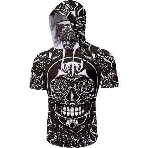 UJWI Skull 3D Print Shirt Hoodies Skulls Black White Flowers Leaves Men New T-shirt Short Sleeve Mask Tops Outfit Clothing 7XL