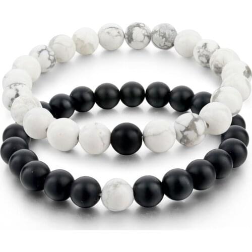 2Pcs Unisex Distance Bracelet Couple His Hers Black Matte Beads White Howlite