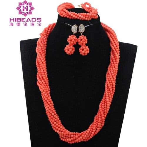 Nigerian Wedding Coral Beads Jewelry Set African Bridal Beads Set Long Pink Coral Necklace Set Free Shipping CNR165