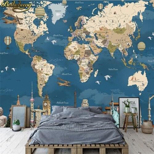 Beibehang Custom wallpaper 3d mural retro nostalgic world map TV background wall living room bedroom green silk cloth wallpaper
