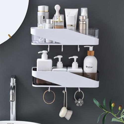 Punch-free Bathroom Organizer Shelf Shampoo Cosmetic Coat Hook Storage Rack Wall Mounted Household Items Bathroom Accessories