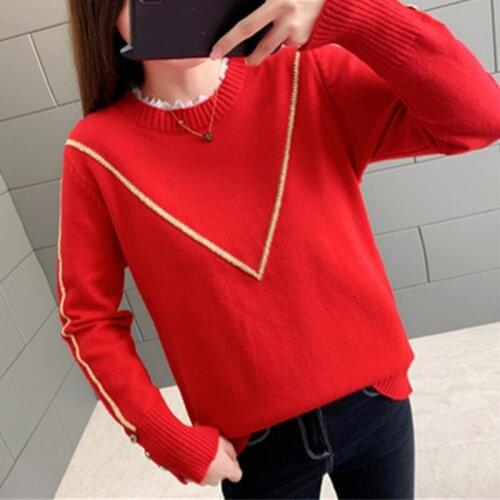 2020 Autumn Korean version Winter Womens Sweater Pullovers Fashion Loose Lace Patchwork Tops Long Sleeve Ladies Knitted Shirt