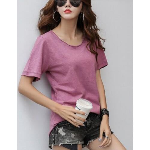 Grace&Taste Office Lady Bamboo Cotton O-Neck T-Shirt Women Short Sleeves Loose Pure White New Versatile Spring Summer Top