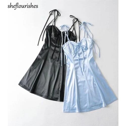 Vintage a line dress women summer sexy mini dresses party sleeveless dress black spaghetti strap dresses satin bow dress blue