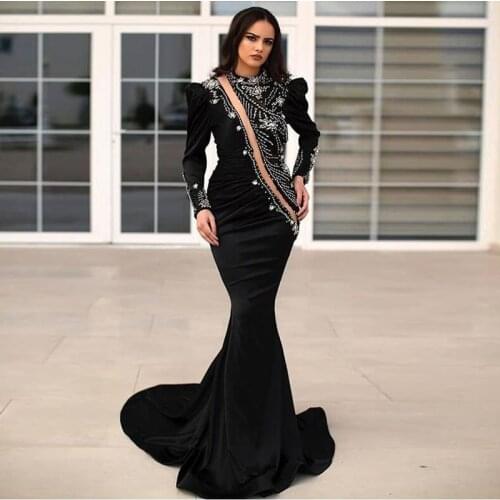 Eightale Mermaid Black Evening Dress for Women High Neck Beaded Long Sleeve Prom Dress Formal Arabic Party dress 2020