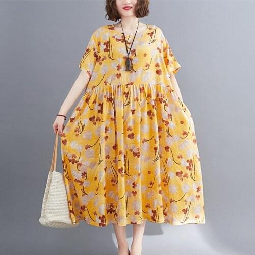 Uego Short Sleeve Loose Summer Dress Soft Cotton Linen Print Floral Holiday Beach Casual Dress Plus Size Women Midi Party Dress