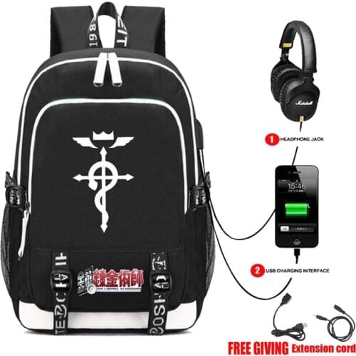 Fullmetal Alchemist Edward Book bag Rucksack Student School Bag For Boys Girls Travel Backpack USB Port Mochila Black Backpack