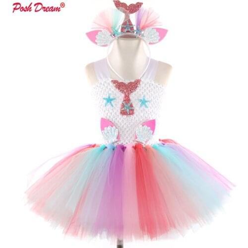 POSH DREAM White Girls Sea Star Princess Flower Birthday Clothes Tulle Christmas Carnival Costume for Children Girls