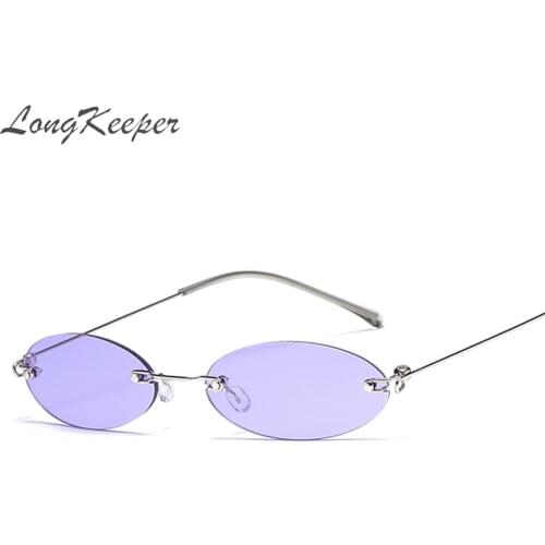 LongKeeper Oval Rimless Sunglasses Women Brand Tiny Retro Purple Black Sun Glasses Men Small Eyewear Oculos Feminino