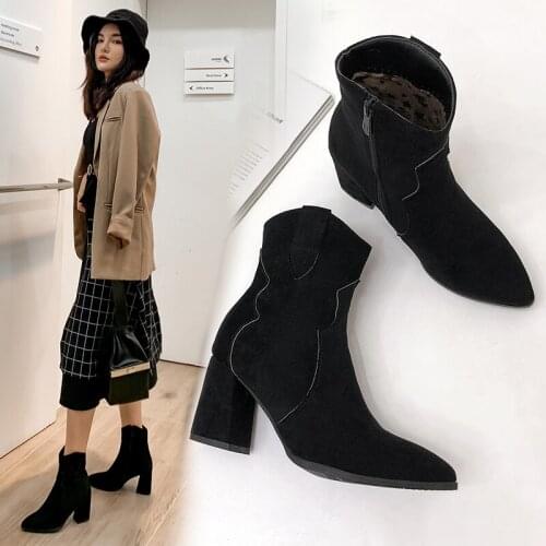 Brand Women Ankle Boots Zip Pointed Toe Flock Footwear Thick High Heels Female Boot Party Shoes Women 2020 New Spring Autumn