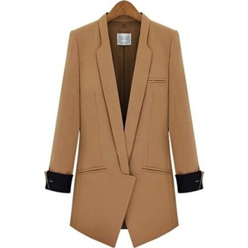 Spring Autumn Long Sleeve Slim Cambric Cotton Blends Women Long Blazer Jacket Black/Camel