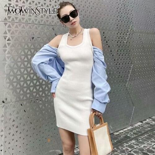 TWOTWINSTYLE Colorblock Casual Bodycon Dress Female Lapel Long Sleeve High Waist Slim Mini Dresses For Women 2021 Summer Fashion