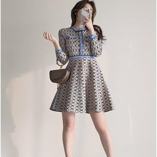Button Luxury Vintage Party Dresses Women Long Sleeve Elegant A-line High Waist Plaid Knitted Dress 2021 New