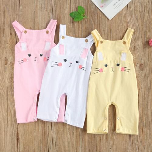2021 0-18M Cute Newborn Baby Girl Boy Romper Cartoon Cat Print Square Collar Sleeveless Overalls Jumpsuit Long Pants